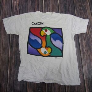 Cancun Parrot Shirt Mens Large White Colorful Graphic Tourist Tee Mexico Resort